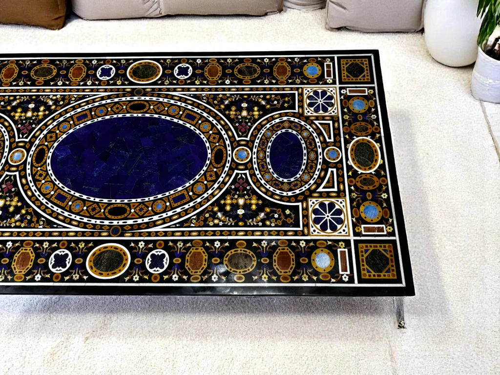 Black Marble Dining Table for Dining Room - Pietradura Mughal Era Inspired Modern Art